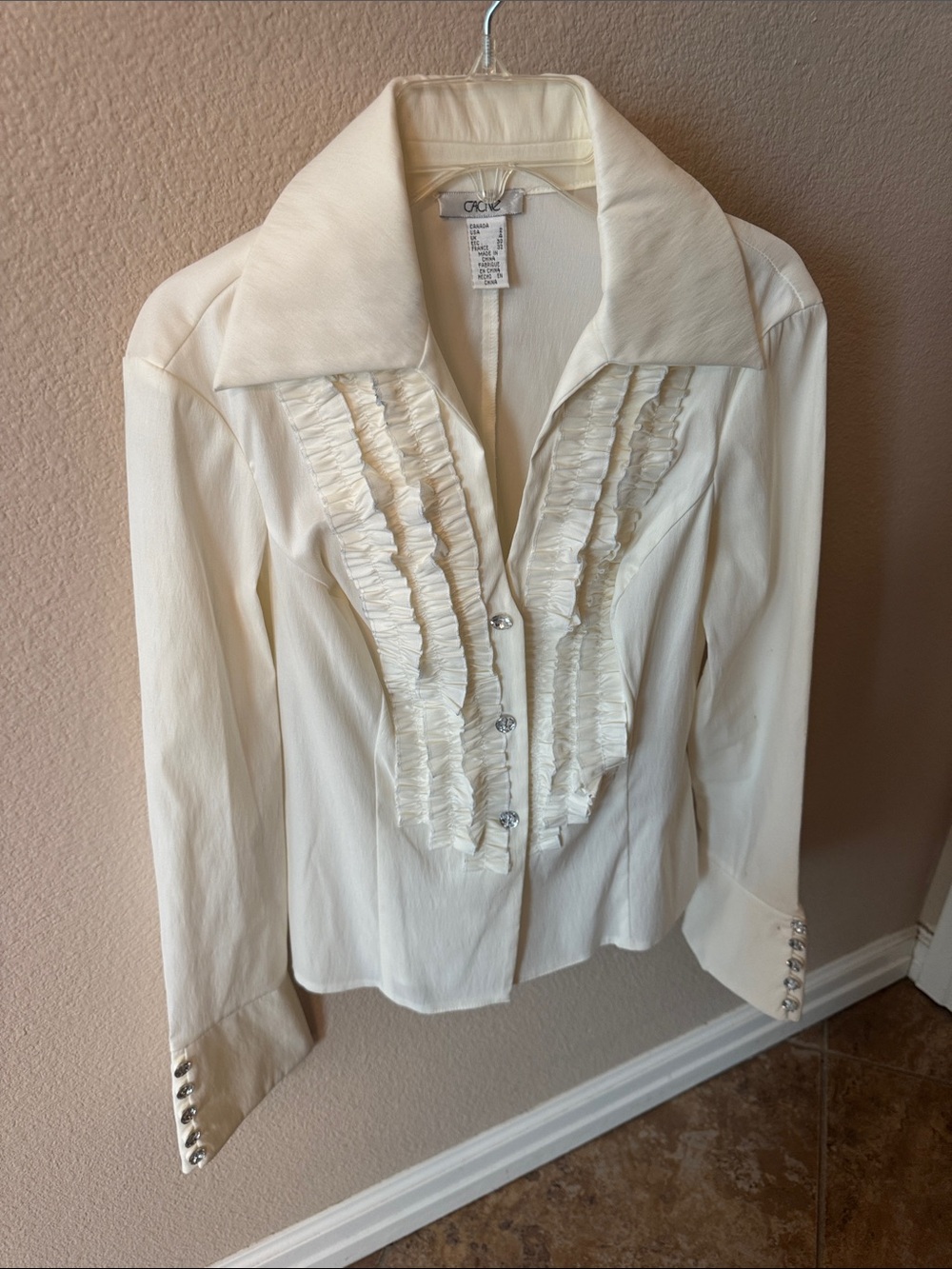 Cache Cream Ruffled Blazer Jacket with Rhinestone Buttons